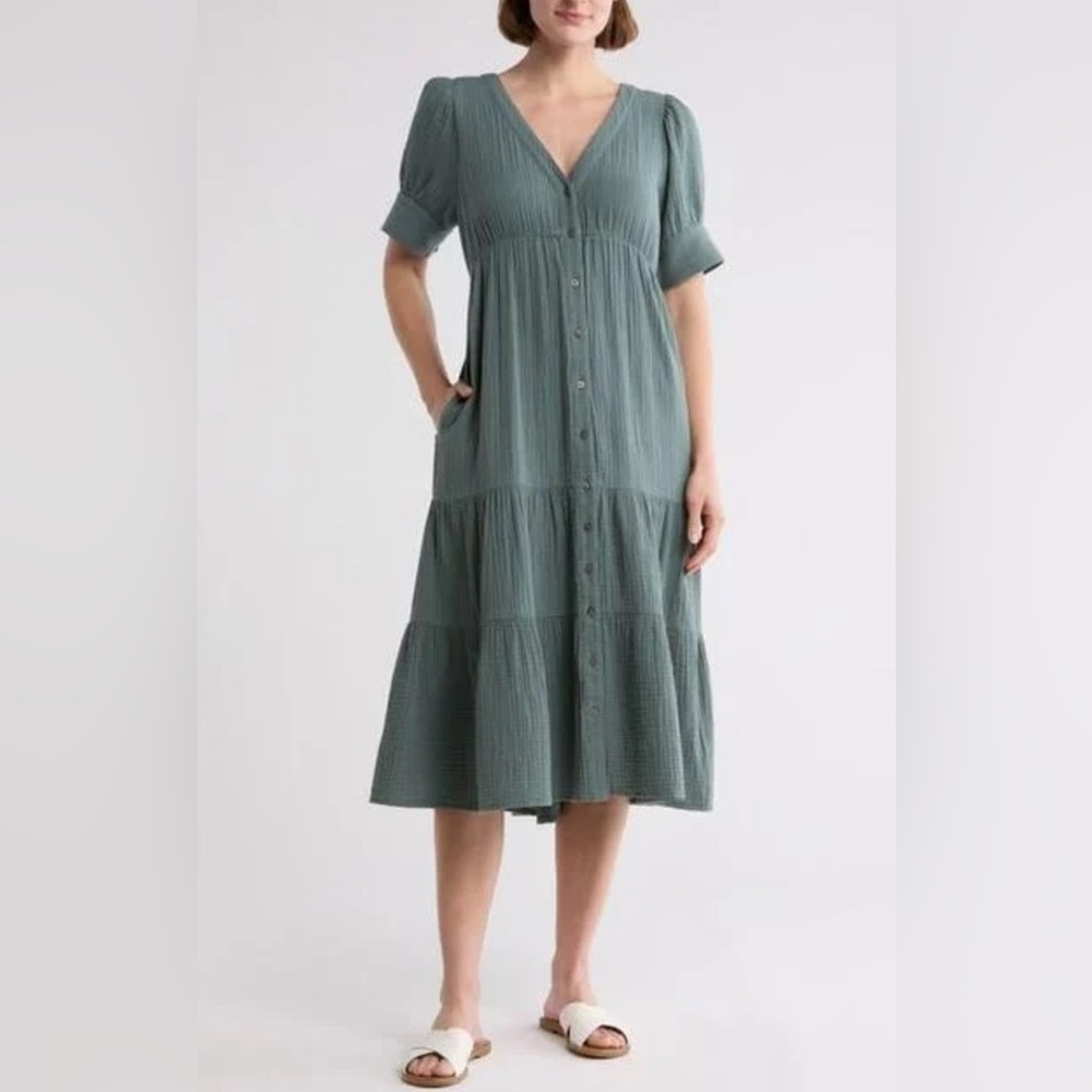 Madewell Lightspun Tiered Button Front Midi Dress Green Size 0
